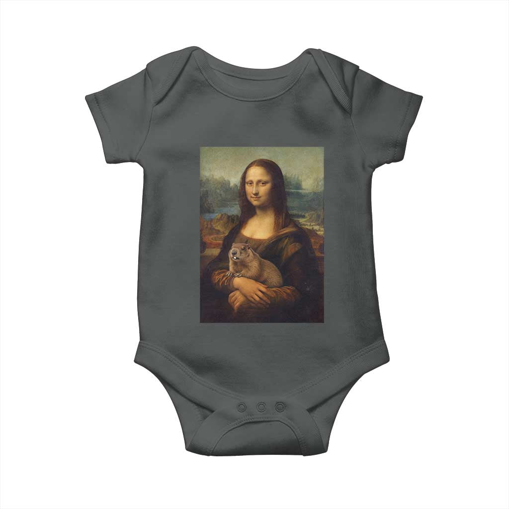 Mona Lisa Holding Groundhog Parody Painting Baby Onesie Funny Groundhog Day TS11 Dark Heather Print Your Wear