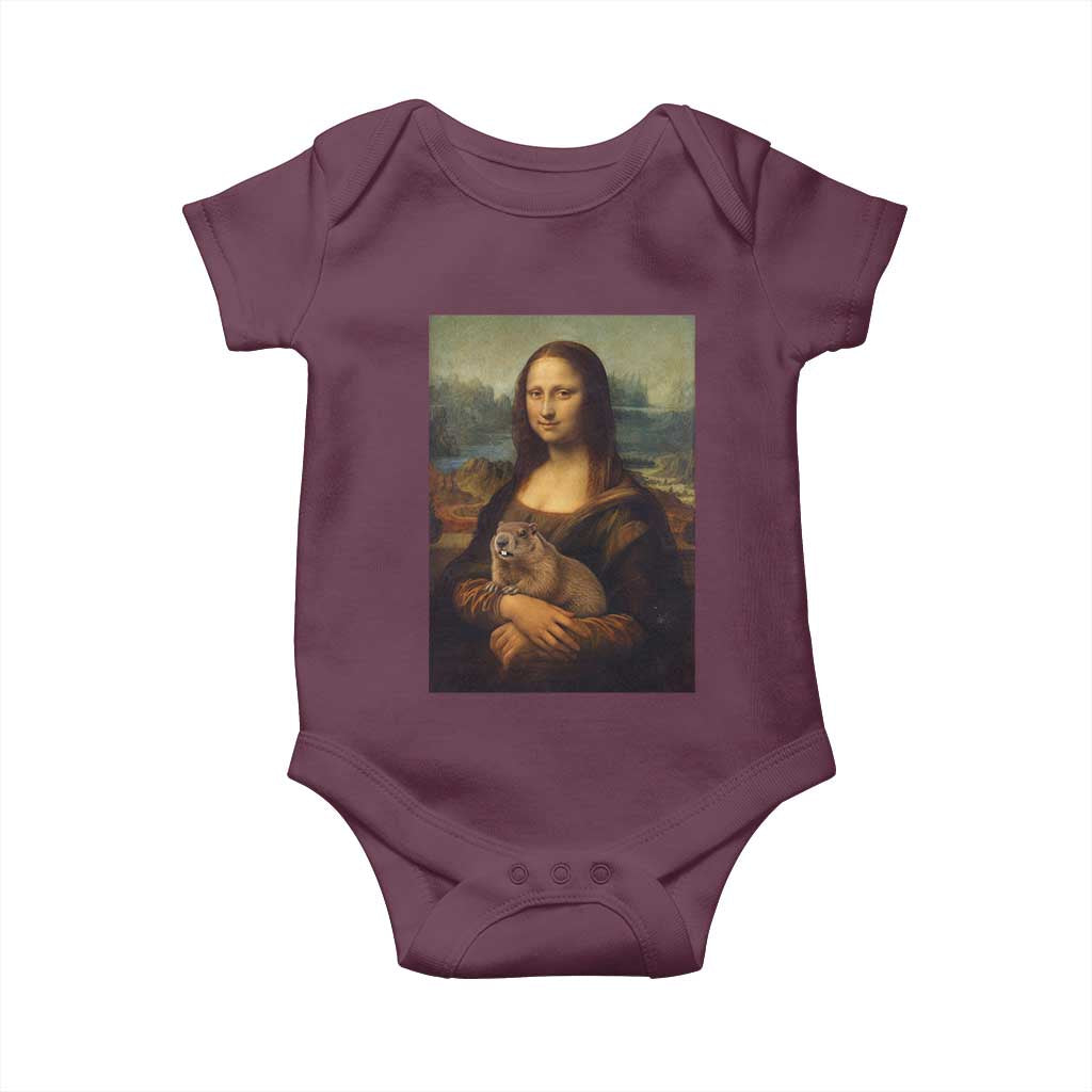 Mona Lisa Holding Groundhog Parody Painting Baby Onesie Funny Groundhog Day TS11 Maroon Print Your Wear