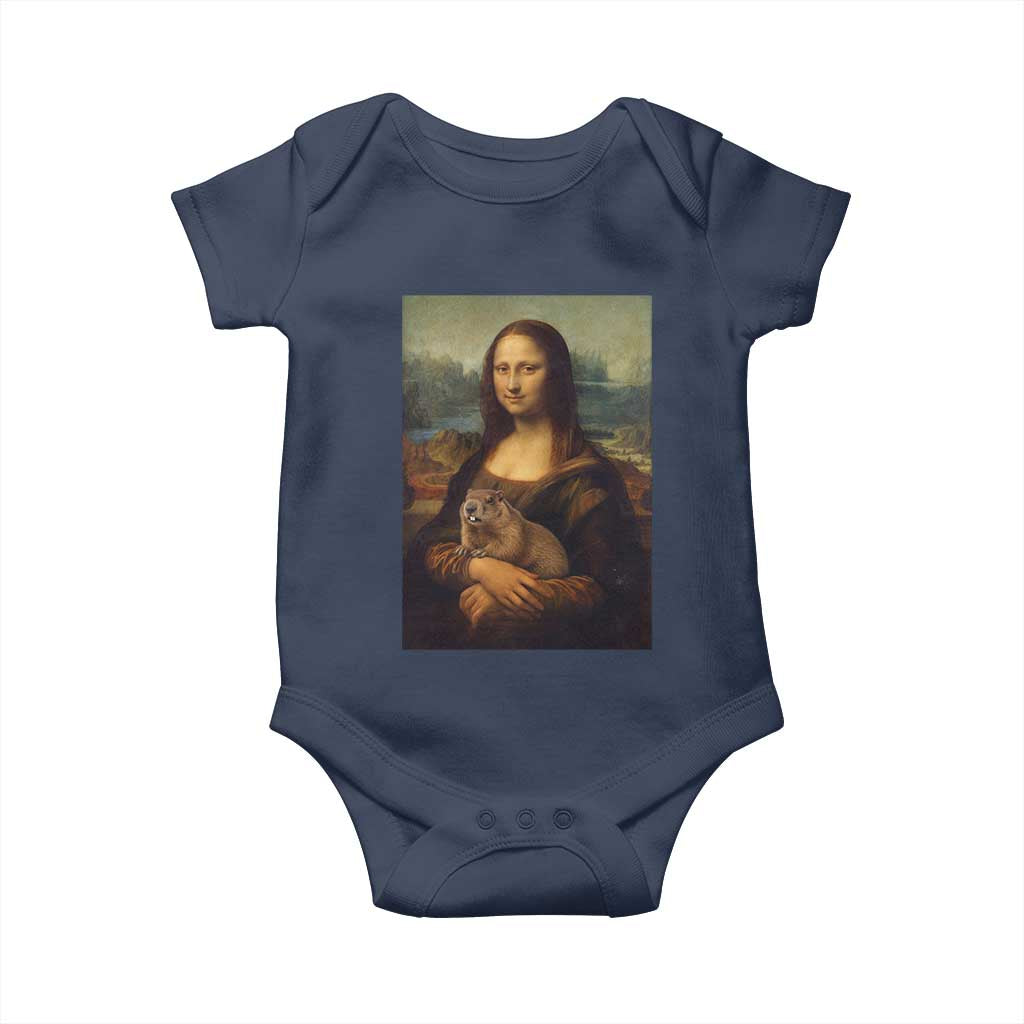Mona Lisa Holding Groundhog Parody Painting Baby Onesie Funny Groundhog Day TS11 Navy Print Your Wear