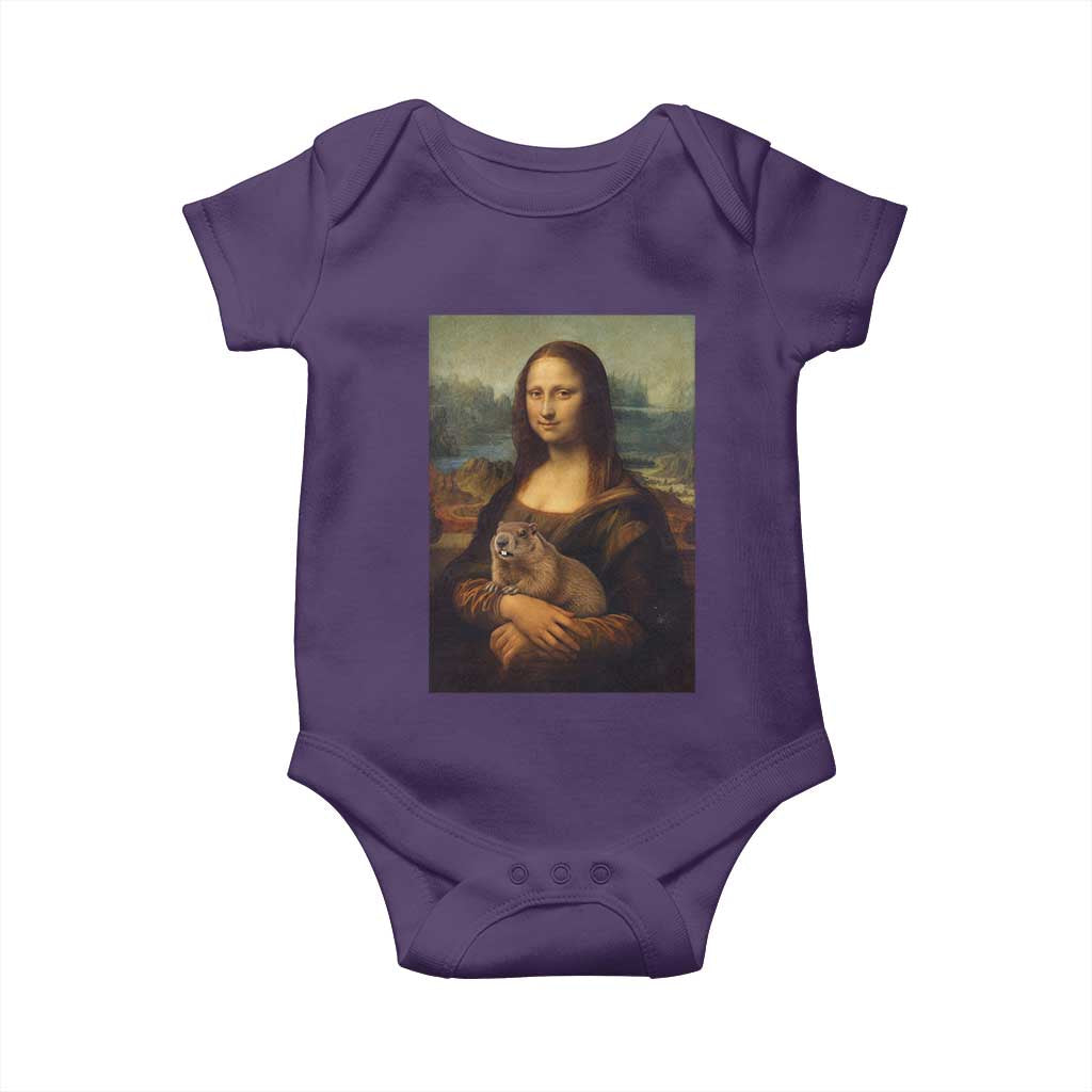 Mona Lisa Holding Groundhog Parody Painting Baby Onesie Funny Groundhog Day TS11 Purple Print Your Wear