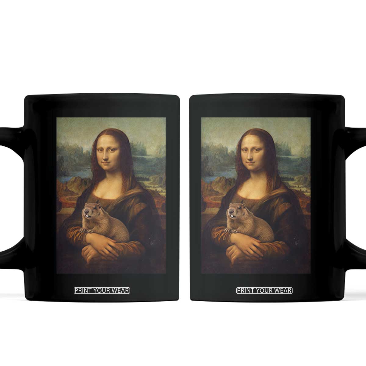 Mona Lisa Holding Groundhog Parody Painting Coffee Mug Funny Groundhog Day TS11 Black Print Your Wear