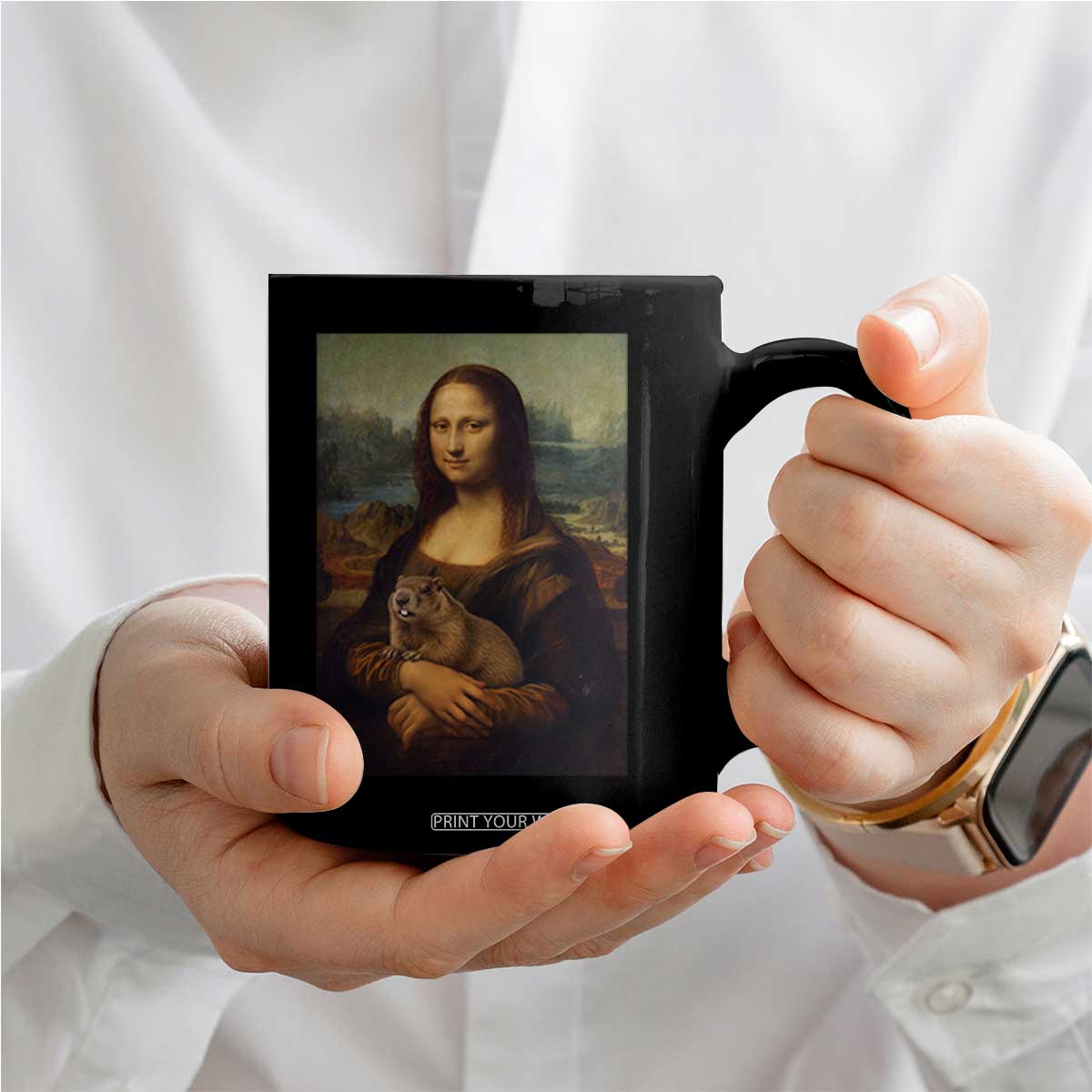 Mona Lisa Holding Groundhog Parody Painting Coffee Mug Funny Groundhog Day TS11 Print Your Wear