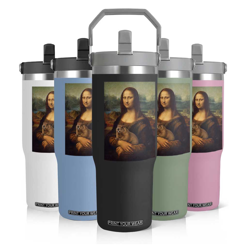 Mona Lisa Holding Groundhog Parody Painting Flip Straw Tumbler Funny Groundhog Day TS11 Print Your Wear