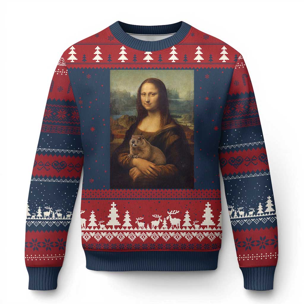 Mona Lisa Holding Groundhog Parody Painting Ugly Christmas Sweater Funny Groundhog Day TS11 Navy Red Print Your Wear