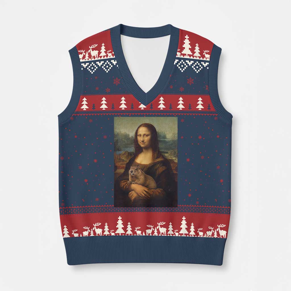 Mona Lisa Holding Groundhog Parody Painting V-Neck Knit Sweater Vest Funny Groundhog Day TS11 Navy Red Print Your Wear