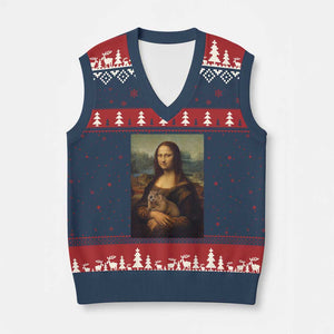 Mona Lisa Holding Groundhog Parody Painting V-Neck Knit Sweater Vest Funny Groundhog Day TS11 Navy Red Print Your Wear