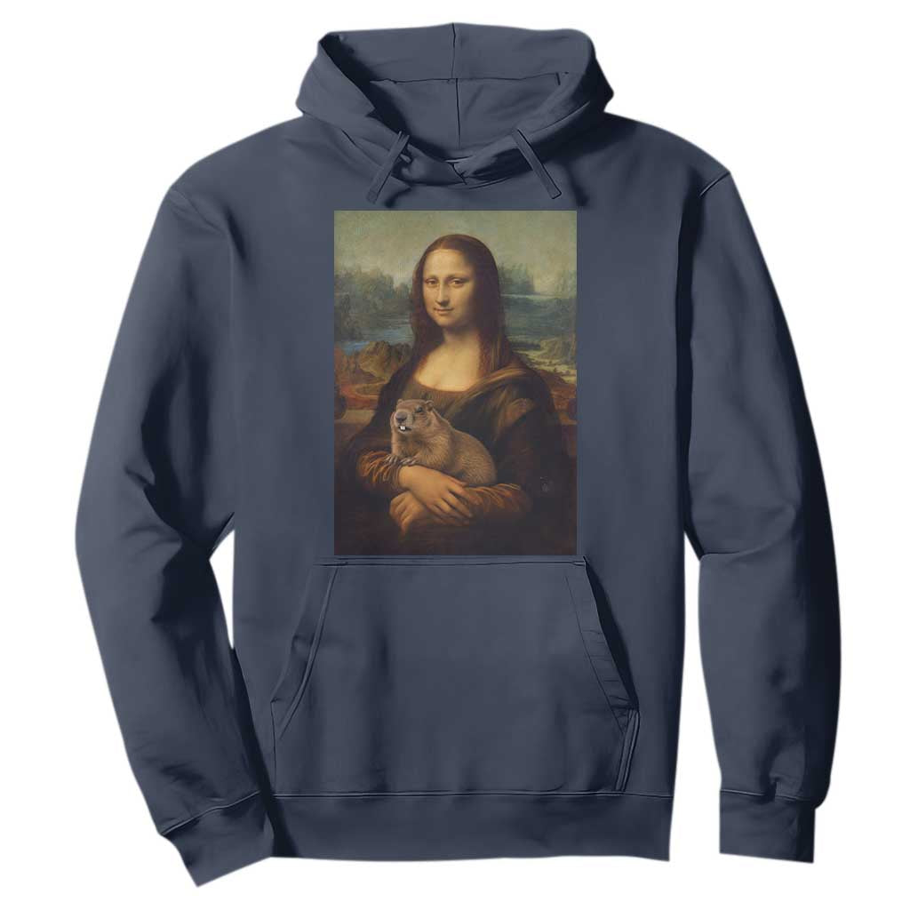 Mona Lisa Holding Groundhog Parody Painting Hoodie Funny Groundhog Day TS11 Navy Print Your Wear