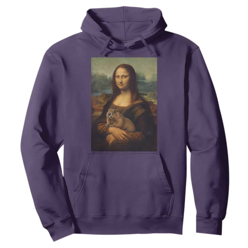 Mona Lisa Holding Groundhog Parody Painting Hoodie Funny Groundhog Day TS11 Purple Print Your Wear