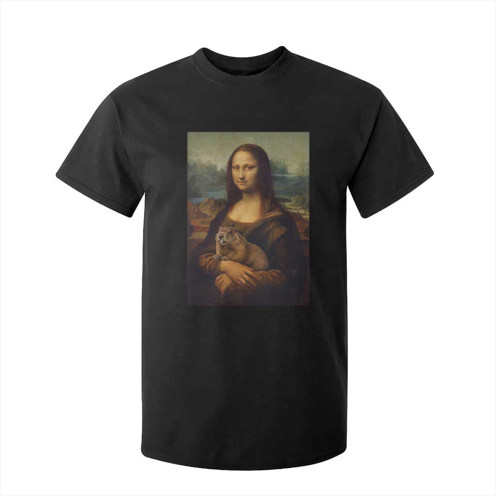Mona Lisa Holding Groundhog Parody Painting T Shirt For Kid Funny Groundhog Day TS11 Black Print Your Wear