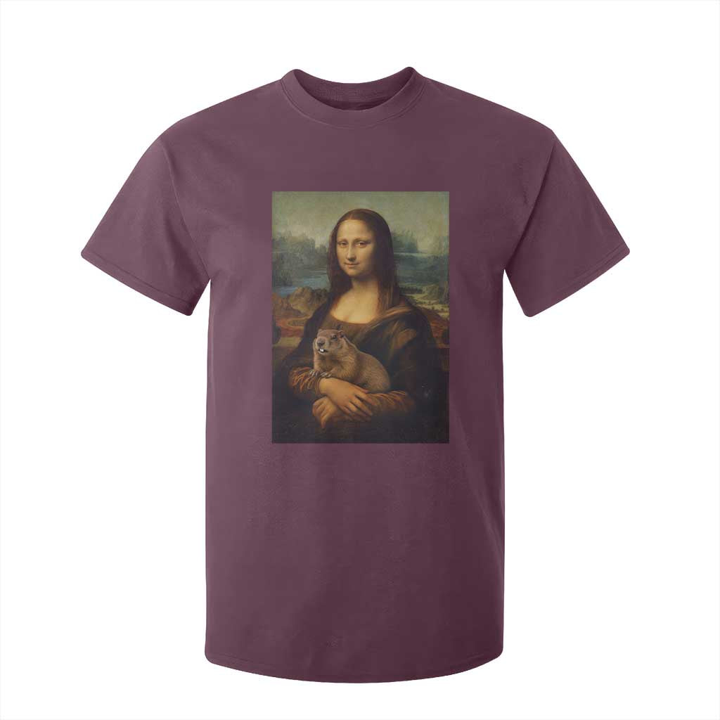 Mona Lisa Holding Groundhog Parody Painting T Shirt For Kid Funny Groundhog Day TS11 Maroon Print Your Wear