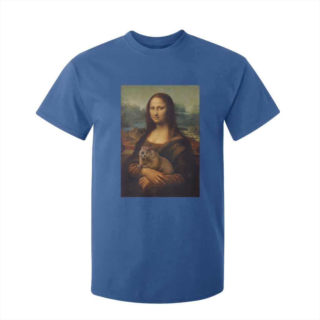 Mona Lisa Holding Groundhog Parody Painting T Shirt For Kid Funny Groundhog Day TS11 Royal Blue Print Your Wear
