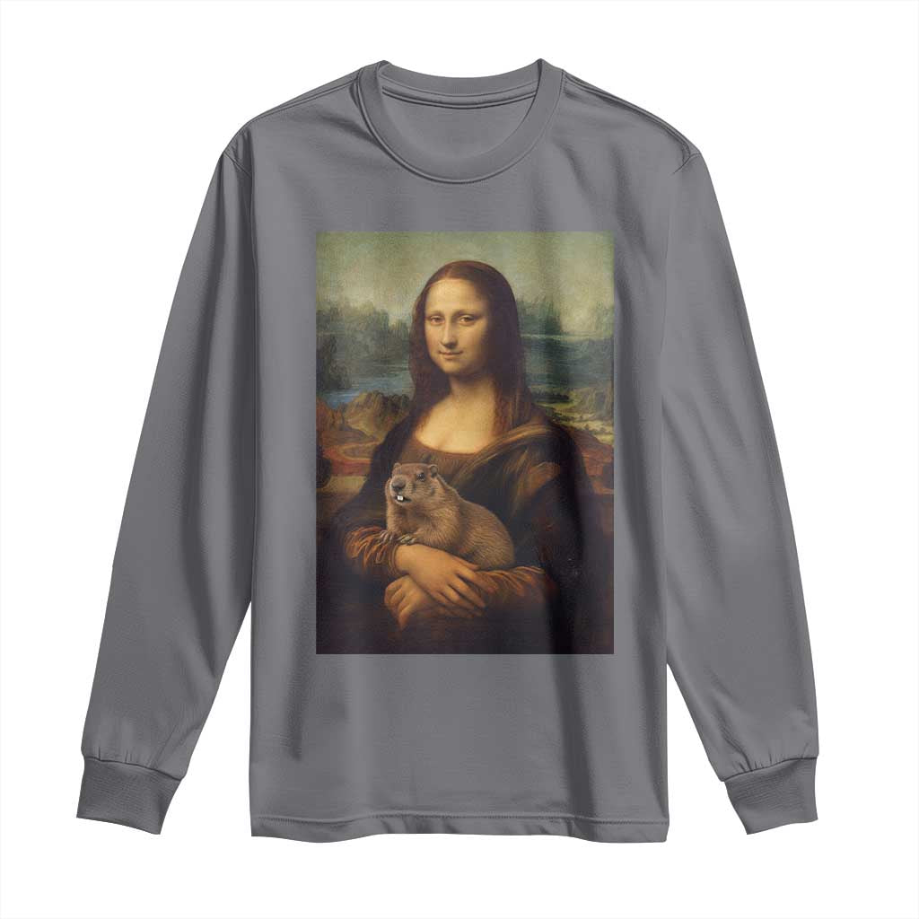 Mona Lisa Holding Groundhog Parody Painting Long Sleeve Shirt Funny Groundhog Day TS11 Charcoal Print Your Wear