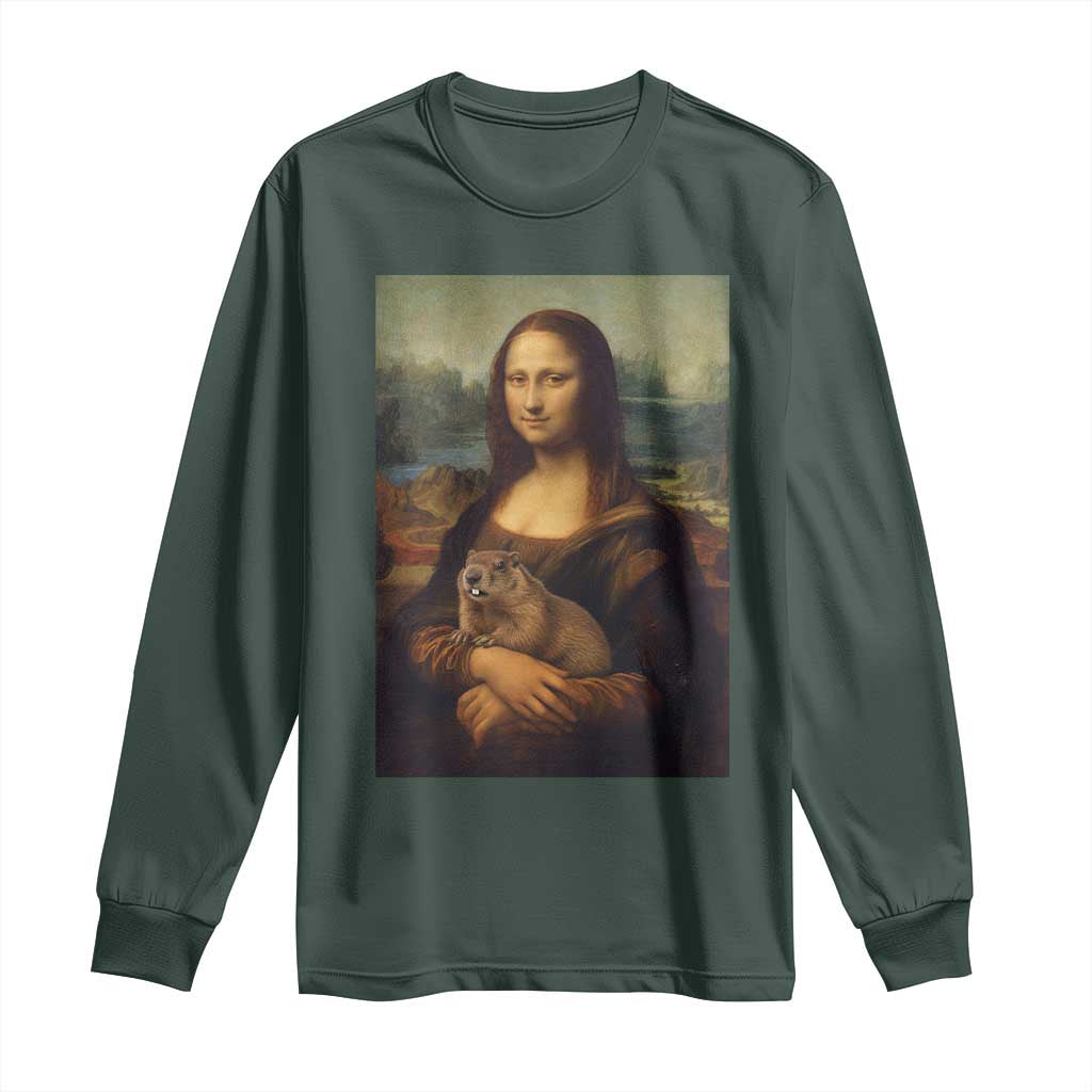 Mona Lisa Holding Groundhog Parody Painting Long Sleeve Shirt Funny Groundhog Day TS11 Dark Forest Green Print Your Wear