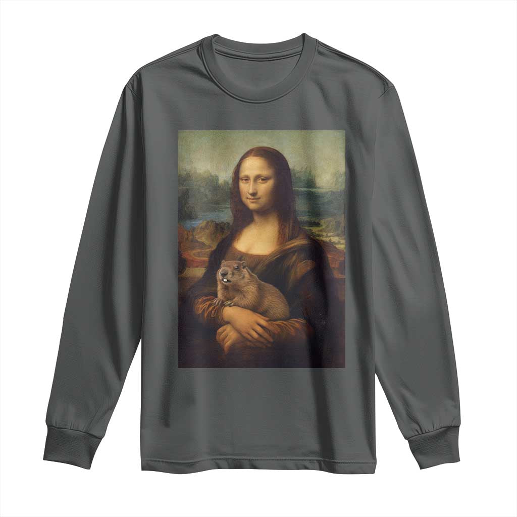 Mona Lisa Holding Groundhog Parody Painting Long Sleeve Shirt Funny Groundhog Day TS11 Dark Heather Print Your Wear
