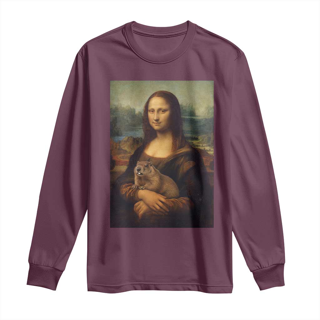 Mona Lisa Holding Groundhog Parody Painting Long Sleeve Shirt Funny Groundhog Day TS11 Maroon Print Your Wear