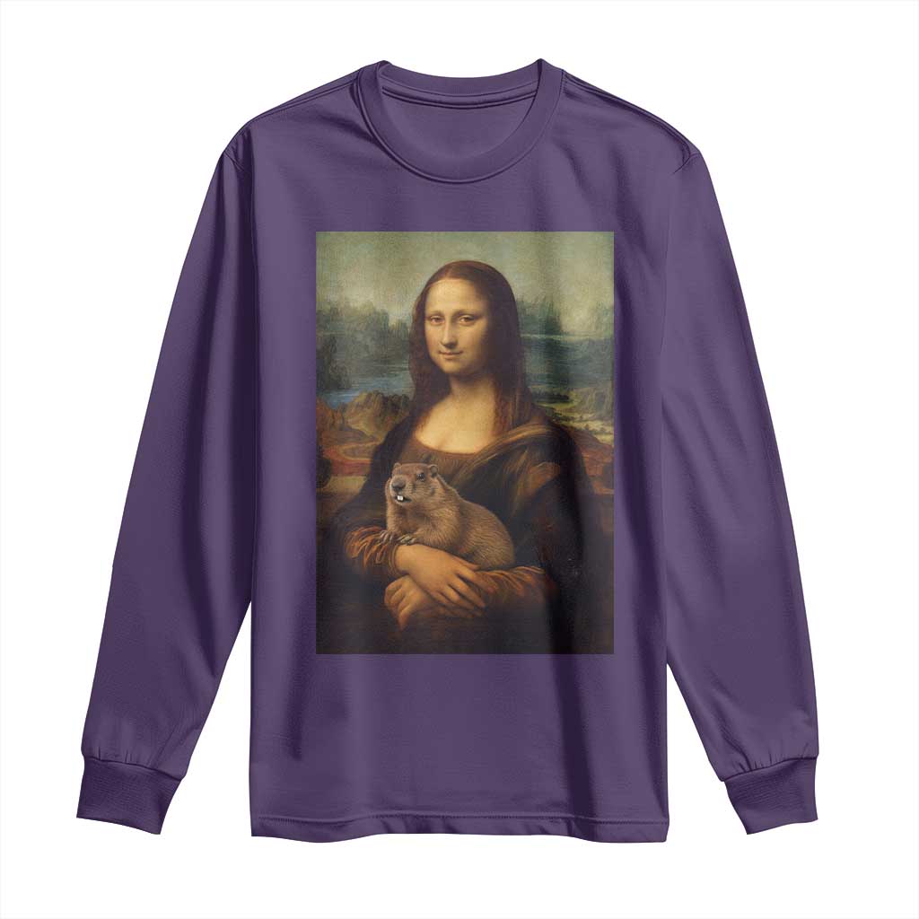 Mona Lisa Holding Groundhog Parody Painting Long Sleeve Shirt Funny Groundhog Day TS11 Purple Print Your Wear