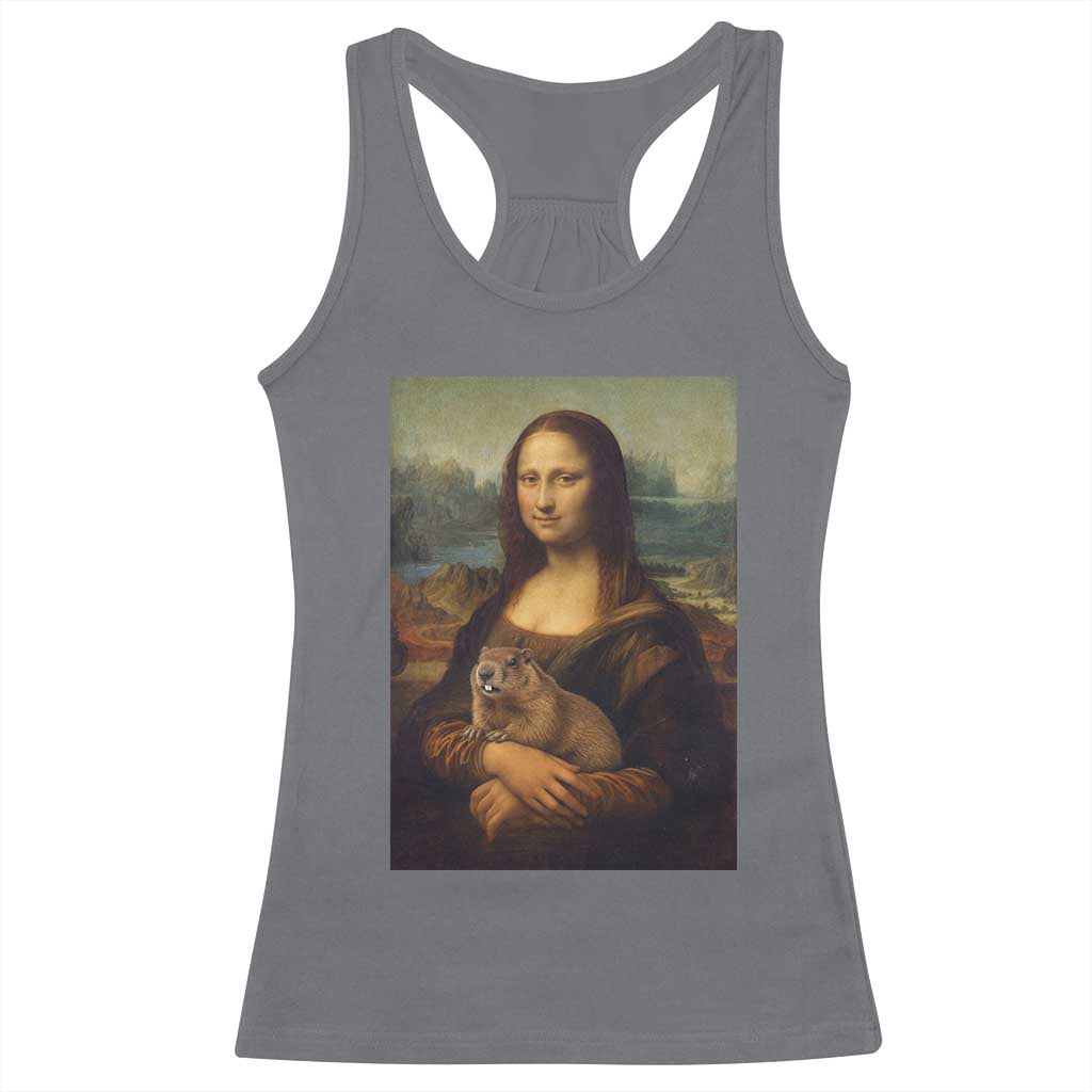 Mona Lisa Holding Groundhog Parody Painting Racerback Tank Top Funny Groundhog Day TS11 Charcoal Print Your Wear