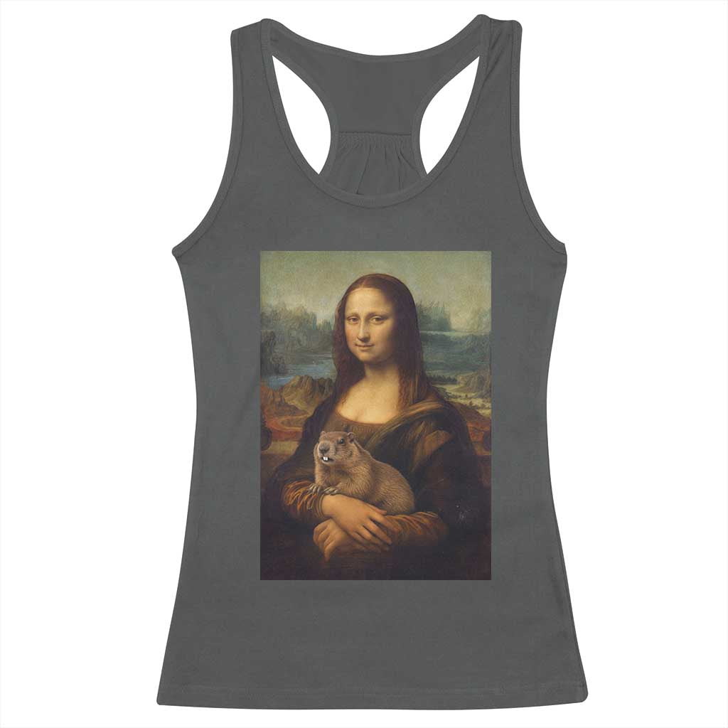 Mona Lisa Holding Groundhog Parody Painting Racerback Tank Top Funny Groundhog Day TS11 Dark Heather Print Your Wear