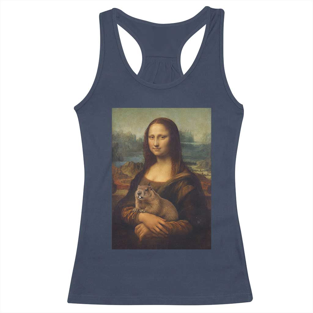 Mona Lisa Holding Groundhog Parody Painting Racerback Tank Top Funny Groundhog Day TS11 Navy Print Your Wear