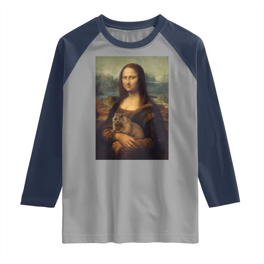 Mona Lisa Holding Groundhog Parody Painting Raglan Shirt Funny Groundhog Day TS11 Sport Gray Navy Print Your Wear
