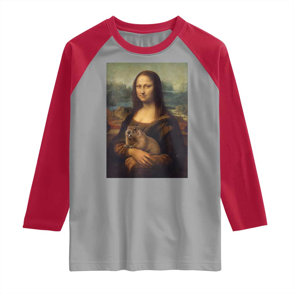 Mona Lisa Holding Groundhog Parody Painting Raglan Shirt Funny Groundhog Day TS11 Sport Gray Red Print Your Wear