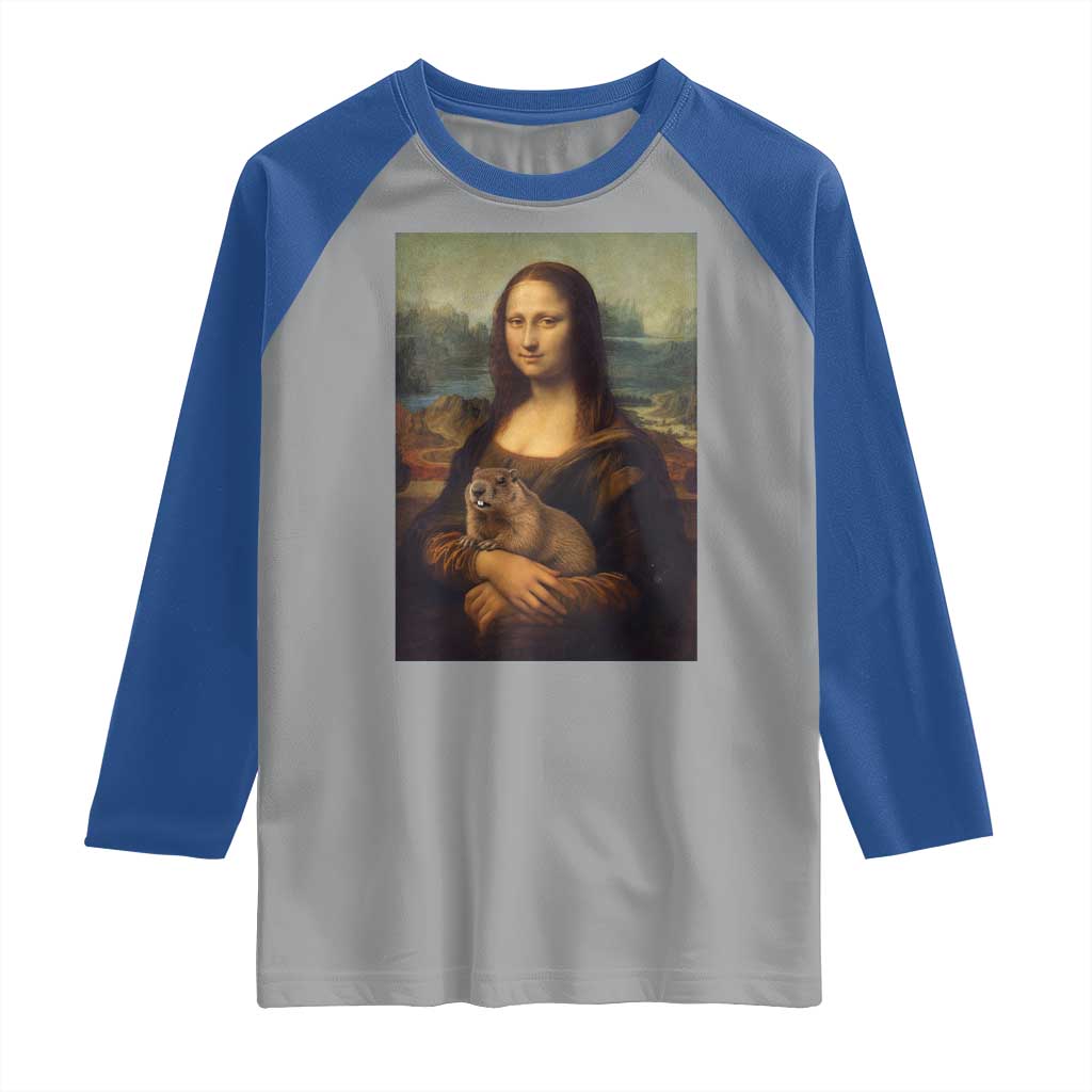 Mona Lisa Holding Groundhog Parody Painting Raglan Shirt Funny Groundhog Day TS11 Sport Gray Royal Print Your Wear