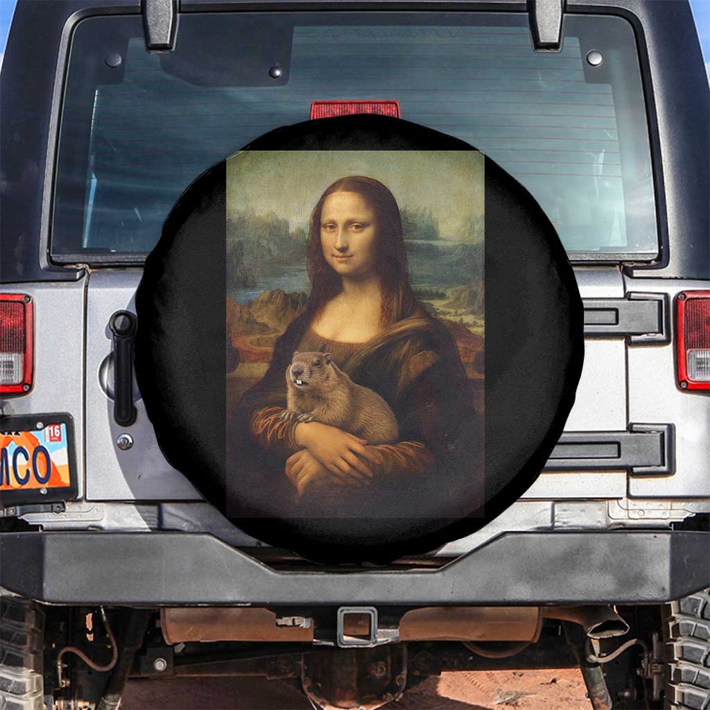 Mona Lisa Holding Groundhog Parody Painting Spare Tire Cover Funny Groundhog Day TS11 No hole Black Print Your Wear