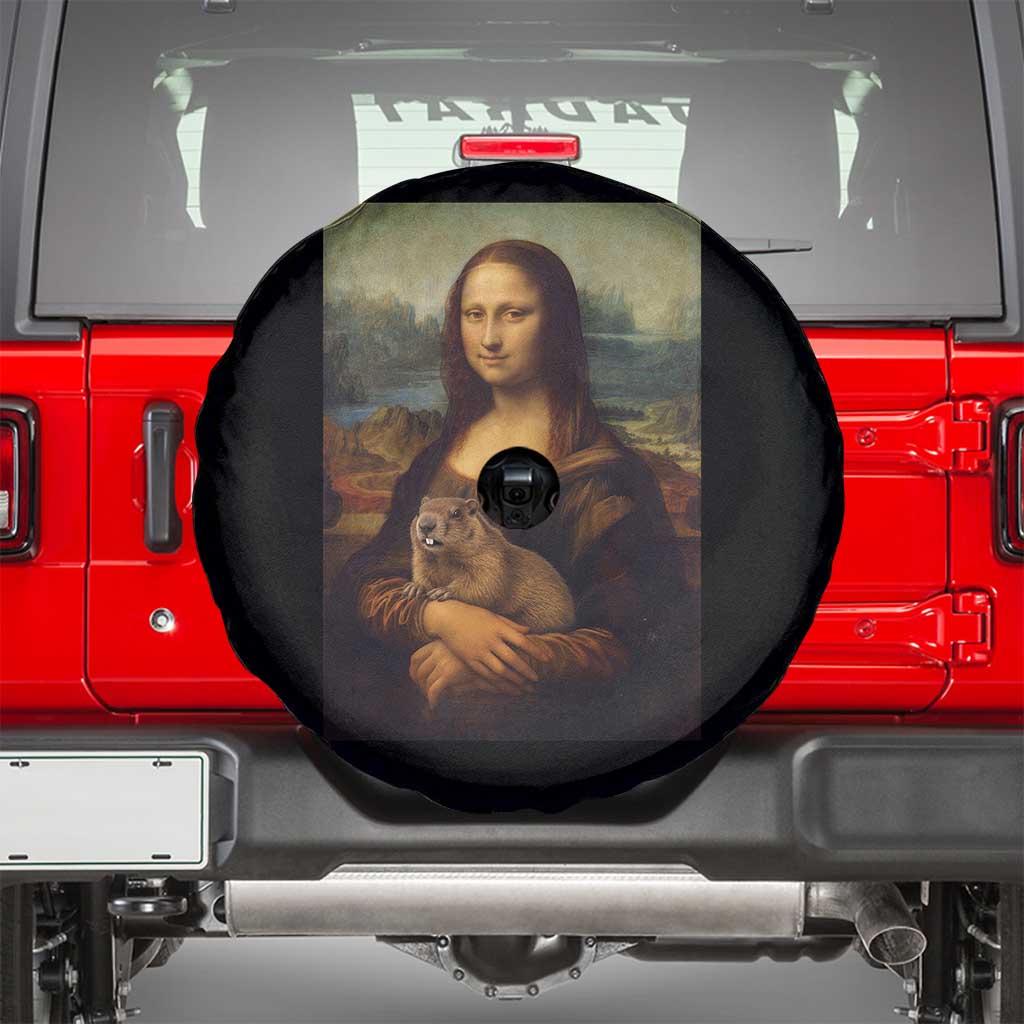 Mona Lisa Holding Groundhog Parody Painting Spare Tire Cover Funny Groundhog Day TS11 Black Print Your Wear