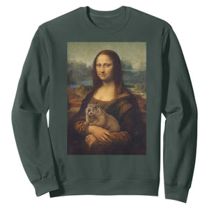 Mona Lisa Holding Groundhog Parody Painting Sweatshirt Funny Groundhog Day TS11 Dark Forest Green Print Your Wear