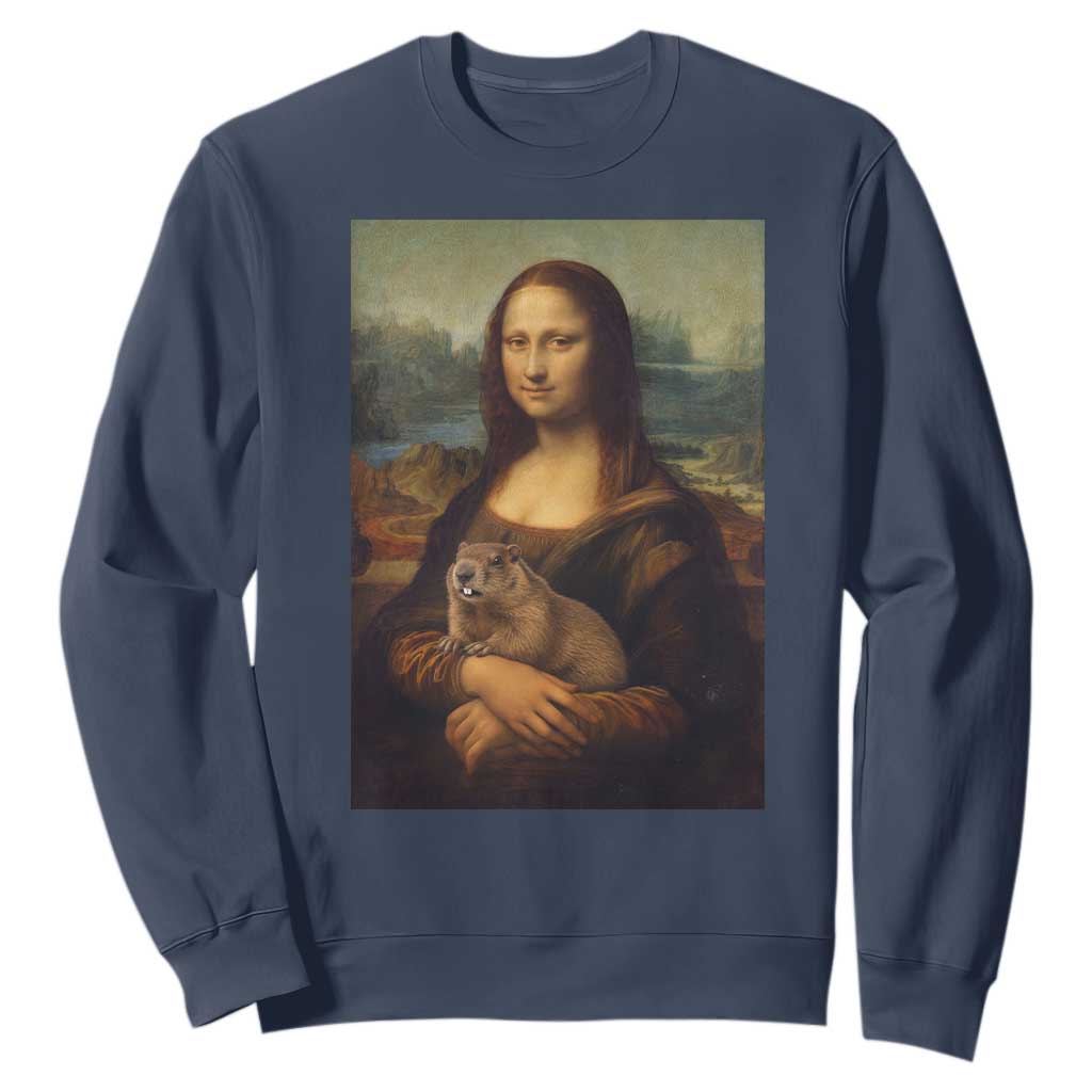 Mona Lisa Holding Groundhog Parody Painting Sweatshirt Funny Groundhog Day TS11 Navy Print Your Wear