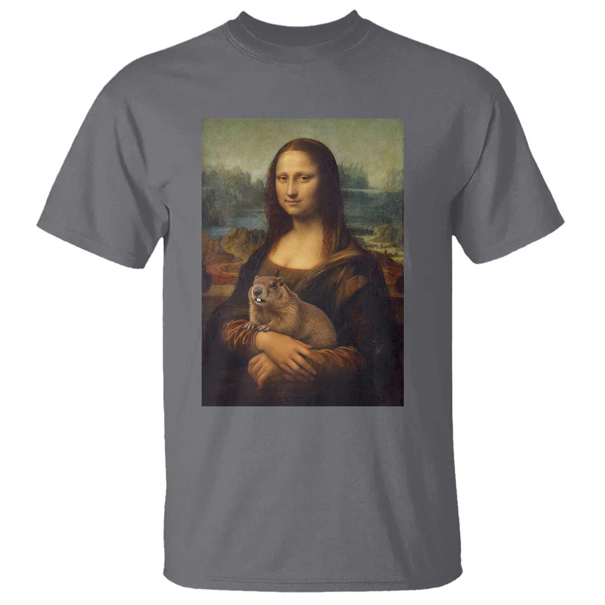 Mona Lisa Holding Groundhog Parody Painting T Shirt Funny Groundhog Day TS11 Charcoal Print Your Wear