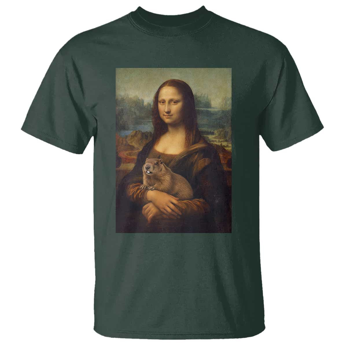 Mona Lisa Holding Groundhog Parody Painting T Shirt Funny Groundhog Day TS11 Dark Forest Green Print Your Wear