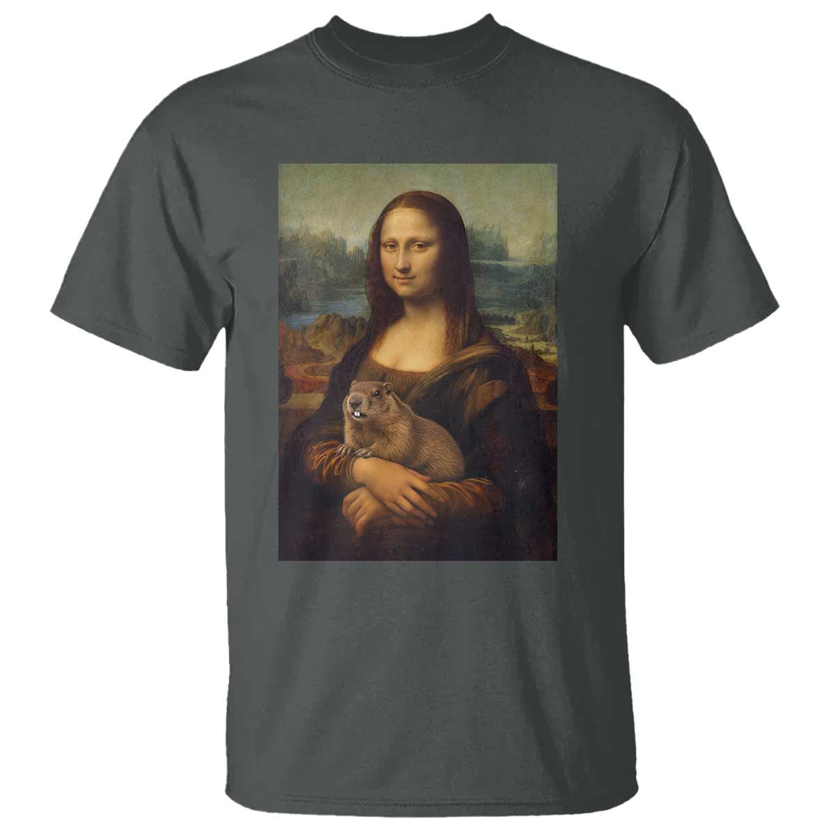 Mona Lisa Holding Groundhog Parody Painting T Shirt Funny Groundhog Day TS11 Dark Heather Print Your Wear