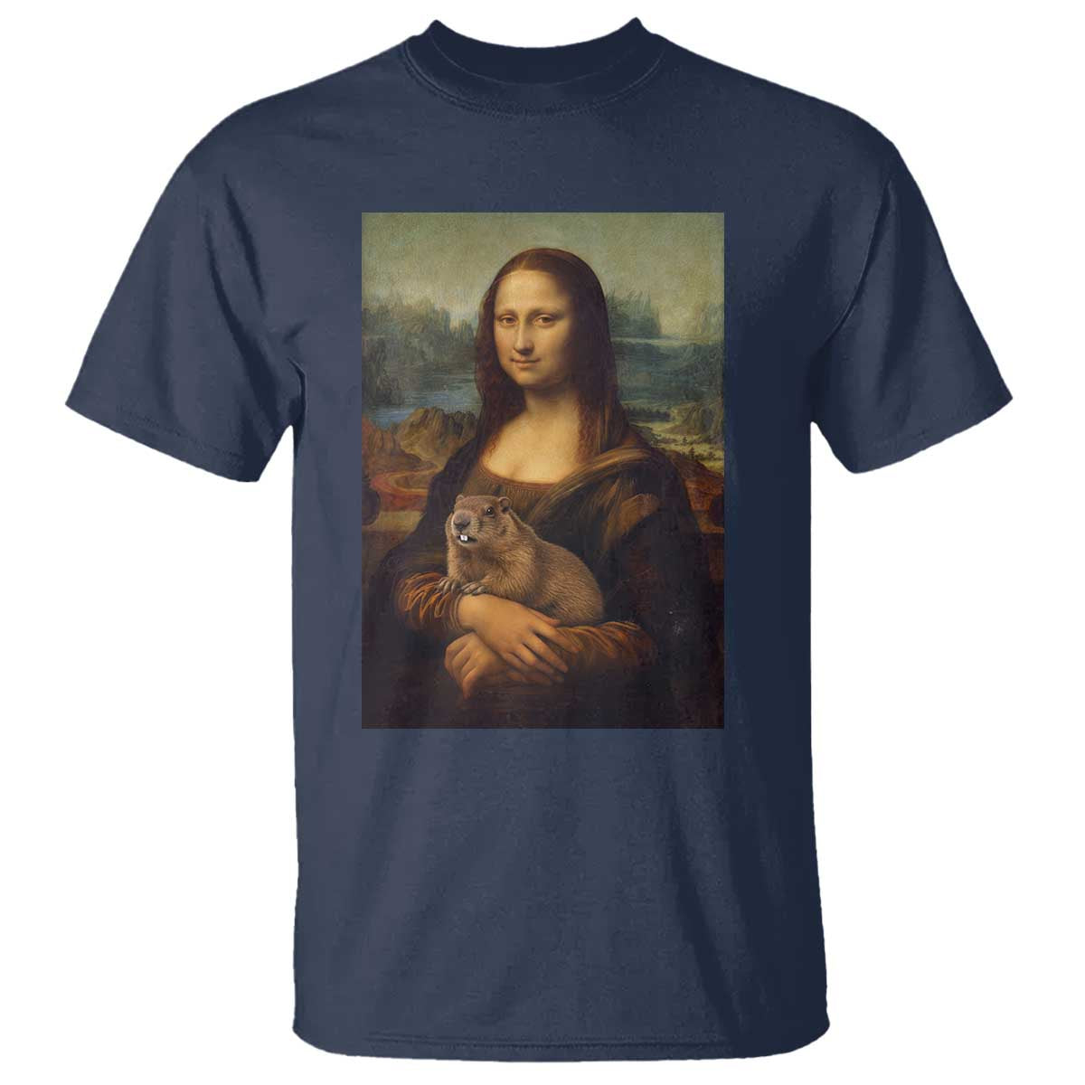 Mona Lisa Holding Groundhog Parody Painting T Shirt Funny Groundhog Day TS11 Navy Print Your Wear