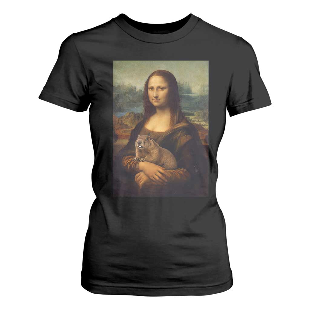 Mona Lisa Holding Groundhog Parody Painting T Shirt For Women Funny Groundhog Day TS11 Black Print Your Wear