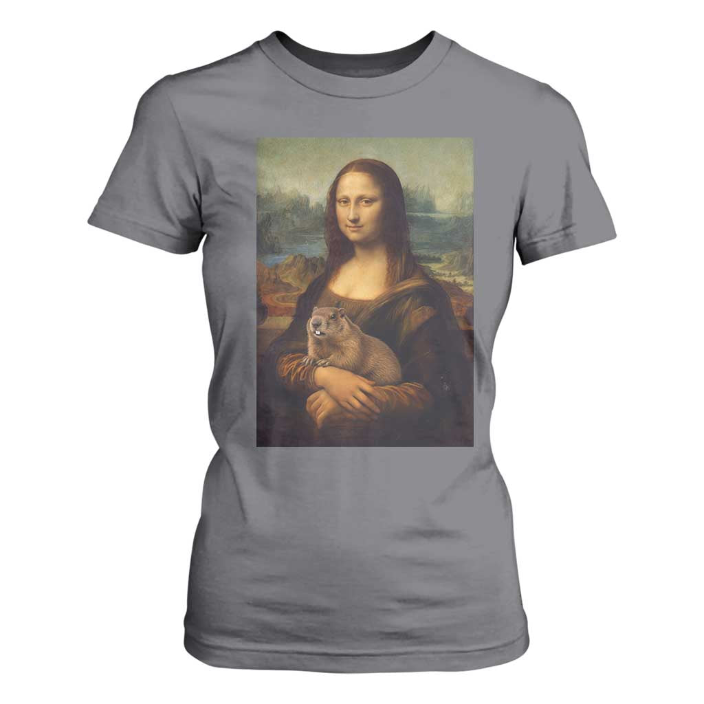 Mona Lisa Holding Groundhog Parody Painting T Shirt For Women Funny Groundhog Day TS11 Charcoal Print Your Wear