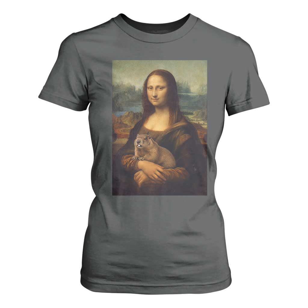 Mona Lisa Holding Groundhog Parody Painting T Shirt For Women Funny Groundhog Day TS11 Dark Heather Print Your Wear