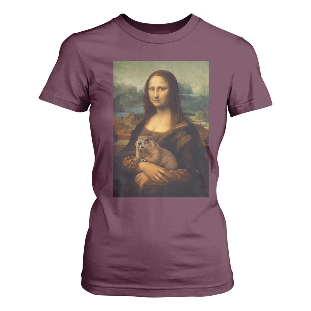 Mona Lisa Holding Groundhog Parody Painting T Shirt For Women Funny Groundhog Day TS11 Maroon Print Your Wear