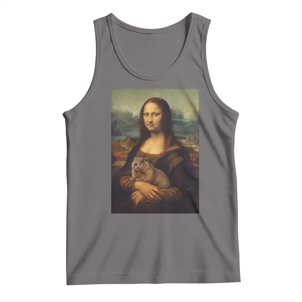 Mona Lisa Holding Groundhog Parody Painting Tank Top Funny Groundhog Day TS11 Deep Heather Print Your Wear