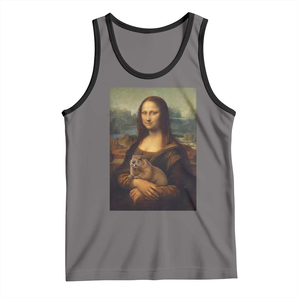 Mona Lisa Holding Groundhog Parody Painting Tank Top Funny Groundhog Day TS11 Deep Heather Black Print Your Wear
