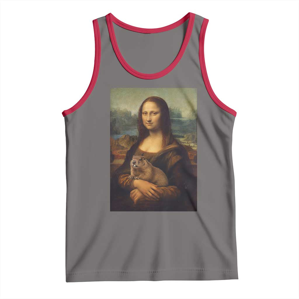 Mona Lisa Holding Groundhog Parody Painting Tank Top Funny Groundhog Day TS11 Deep Heather Red Print Your Wear