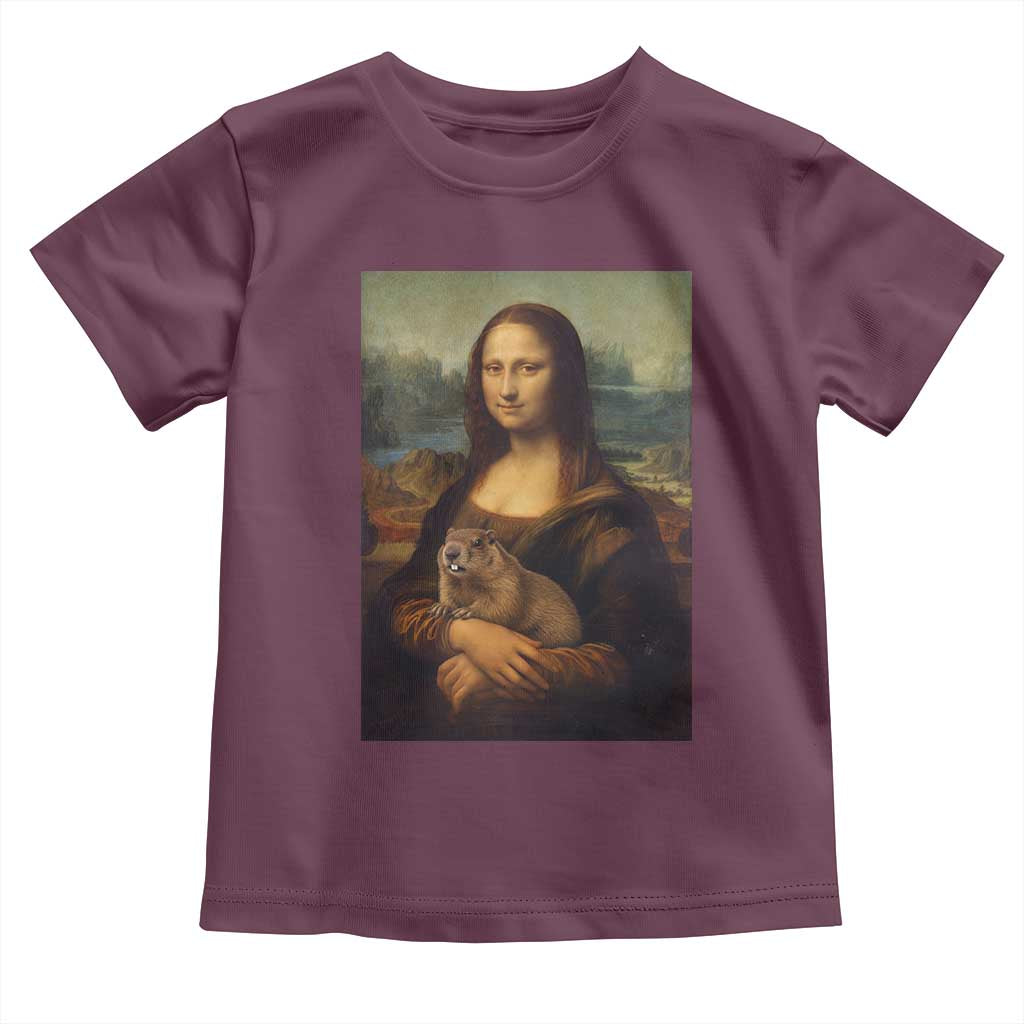 Mona Lisa Holding Groundhog Parody Painting Toddler T Shirt Funny Groundhog Day TS11 Maroon Print Your Wear