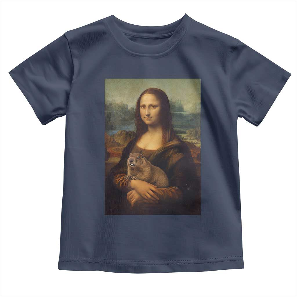 Mona Lisa Holding Groundhog Parody Painting Toddler T Shirt Funny Groundhog Day TS11 Navy Print Your Wear