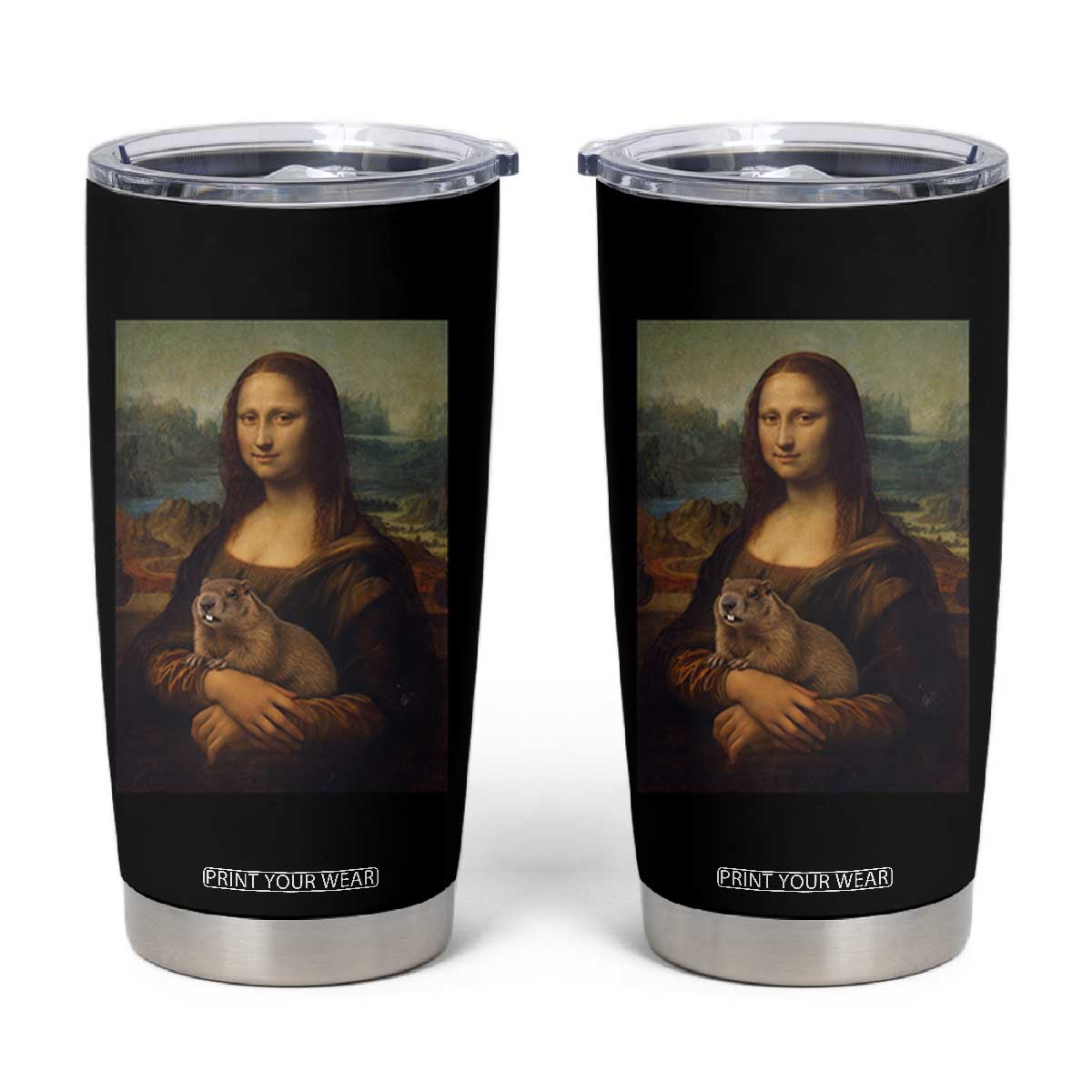 Mona Lisa Holding Groundhog Parody Painting Tumbler Cup Funny Groundhog Day TS11 Black Print Your Wear
