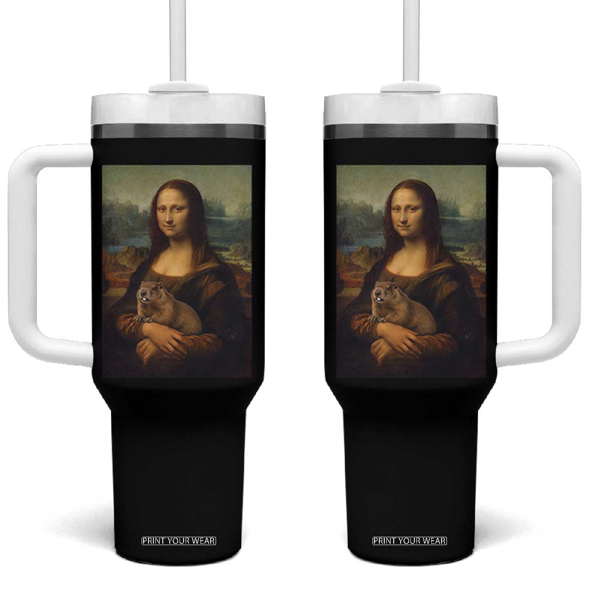 Mona Lisa Holding Groundhog Parody Painting Tumbler With Handle Funny Groundhog Day TS11 One Size: 40 oz Black Print Your Wear