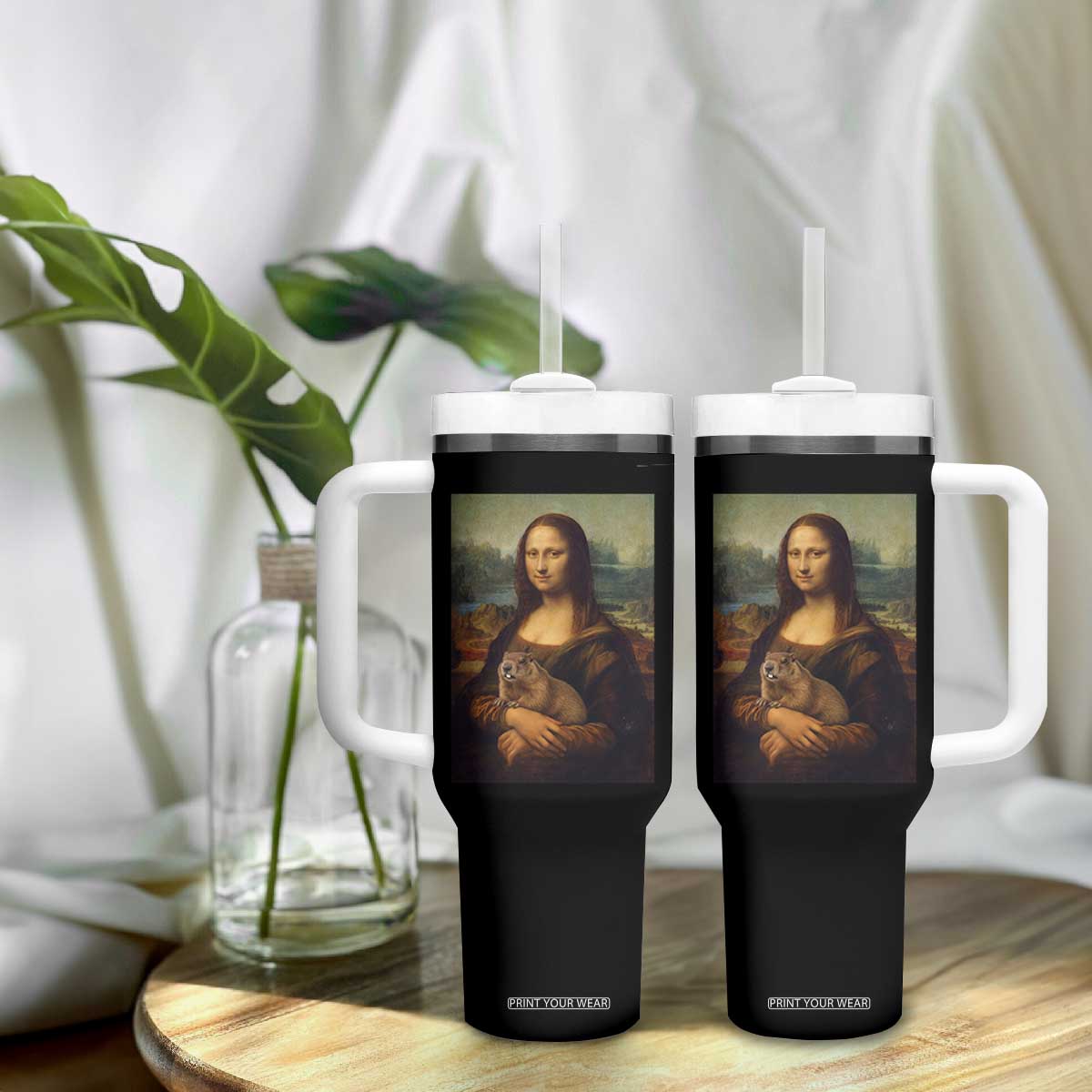 Mona Lisa Holding Groundhog Parody Painting Tumbler With Handle Funny Groundhog Day TS11 Print Your Wear