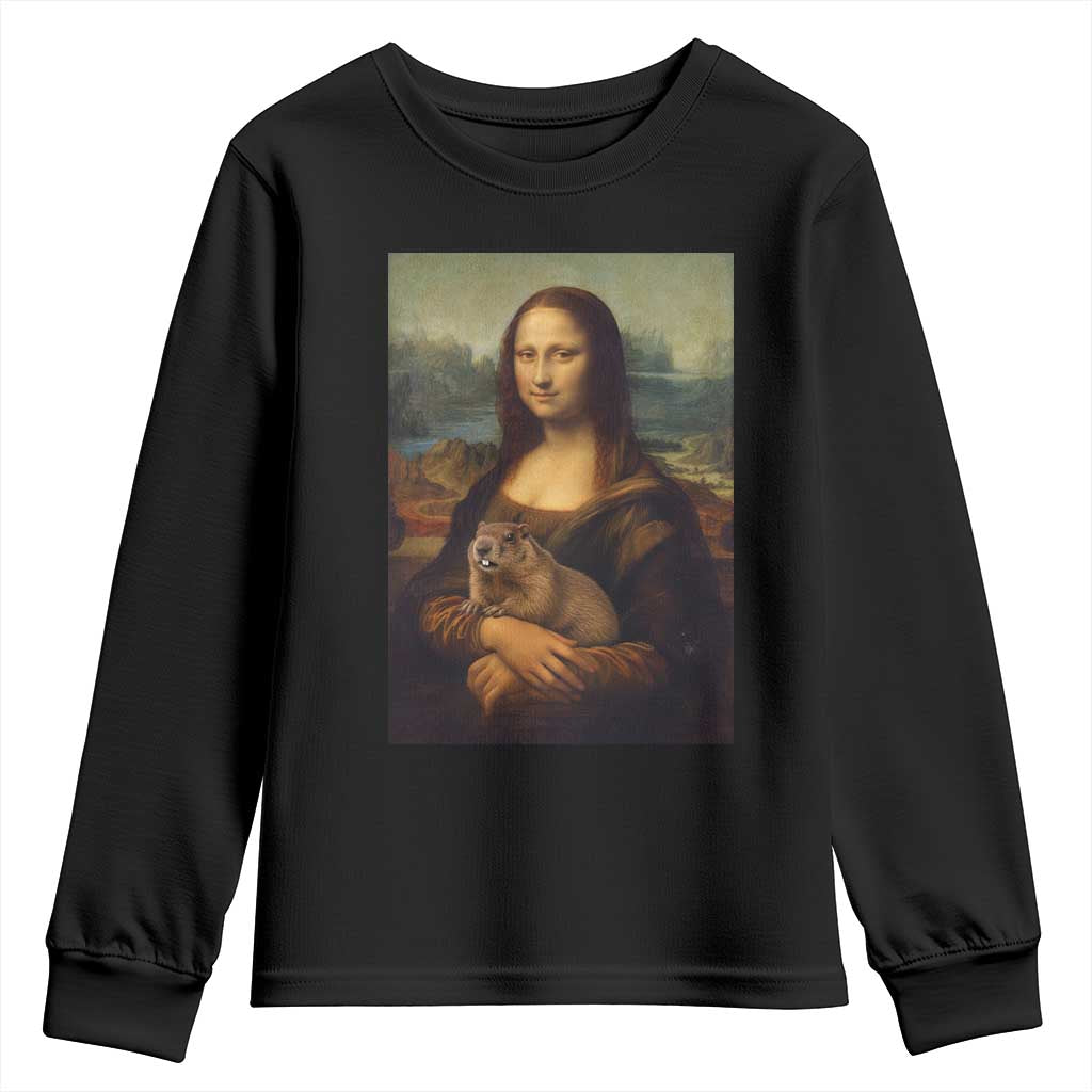 Mona Lisa Holding Groundhog Parody Painting Youth Sweatshirt Funny Groundhog Day TS11 Black Print Your Wear