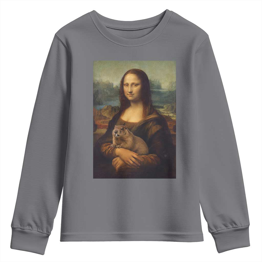 Mona Lisa Holding Groundhog Parody Painting Youth Sweatshirt Funny Groundhog Day TS11 Charcoal Print Your Wear