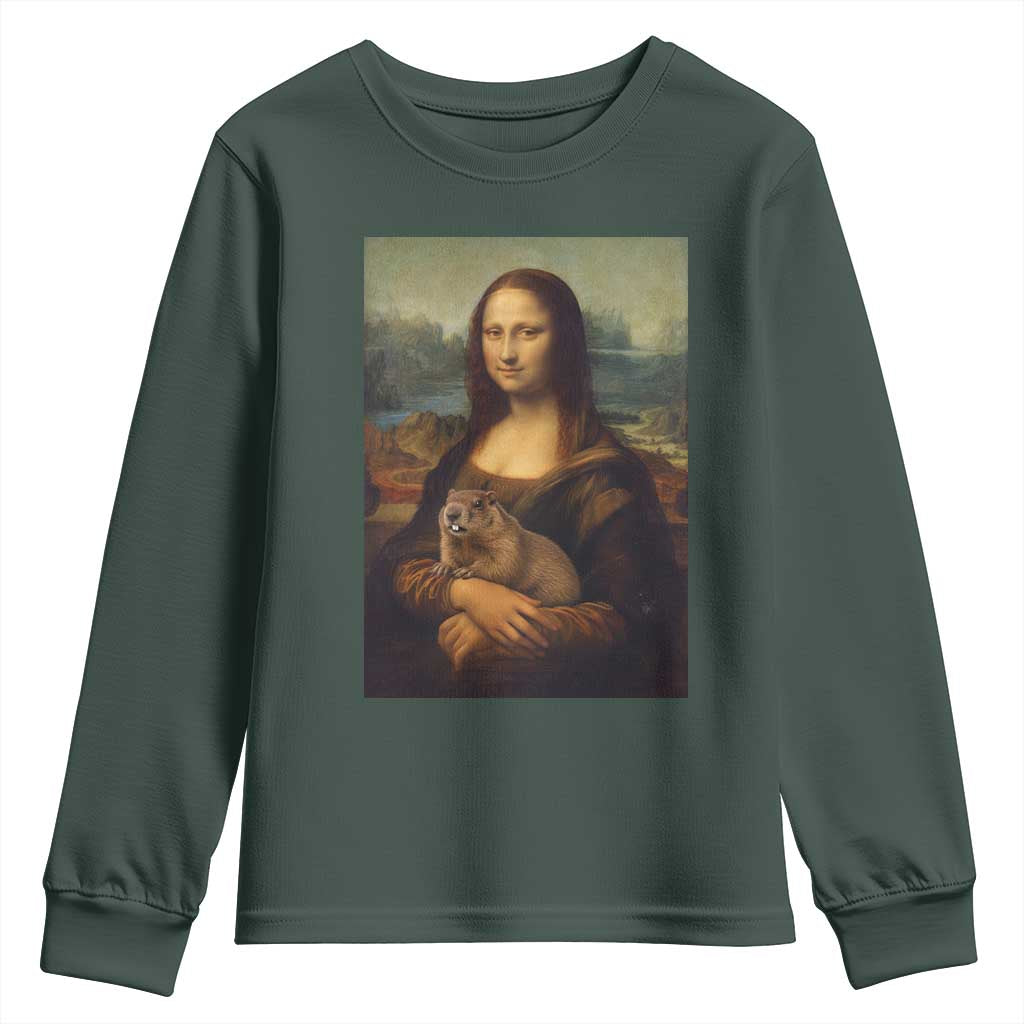 Mona Lisa Holding Groundhog Parody Painting Youth Sweatshirt Funny Groundhog Day TS11 Dark Forest Green Print Your Wear
