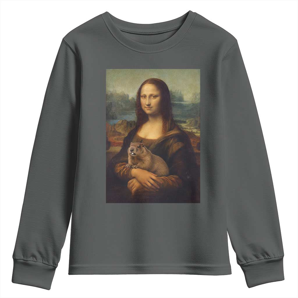 Mona Lisa Holding Groundhog Parody Painting Youth Sweatshirt Funny Groundhog Day TS11 Dark Heather Print Your Wear